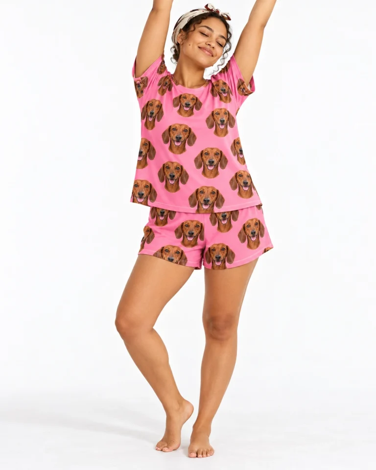 Woman posing in a dachshund lounge set, red smooth-coated Dachshund faces on pink fabric — MyDogPics