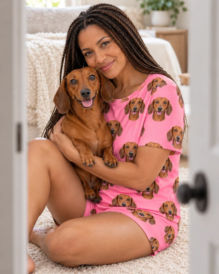Woman in a dachshund lounge set with her Dachshund — MyDogPics