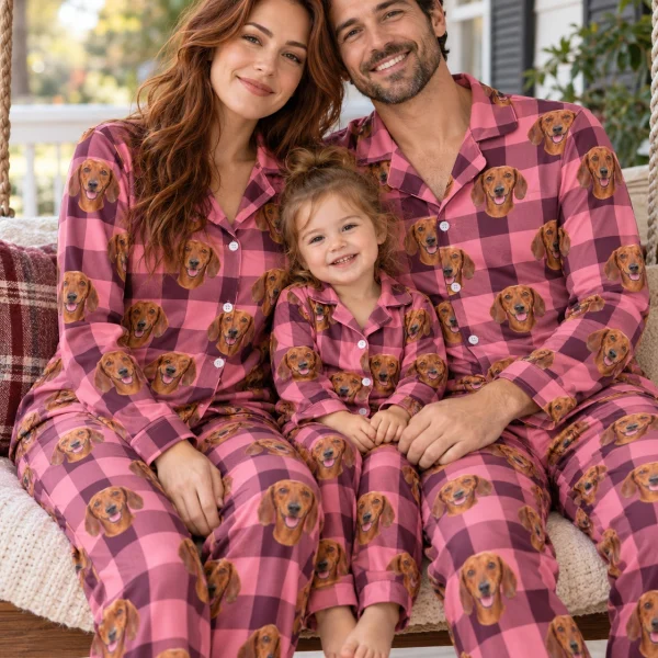 Woman and her family in matching dachshund mom pajamas with red smooth-coated Dachshund faces — MyDogPics