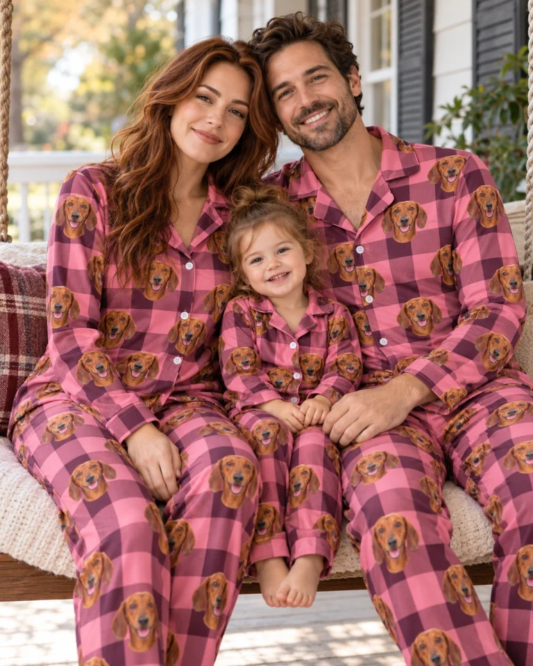 Woman and her family in matching dachshund mom pajamas with red smooth-coated Dachshund faces — MyDogPics
