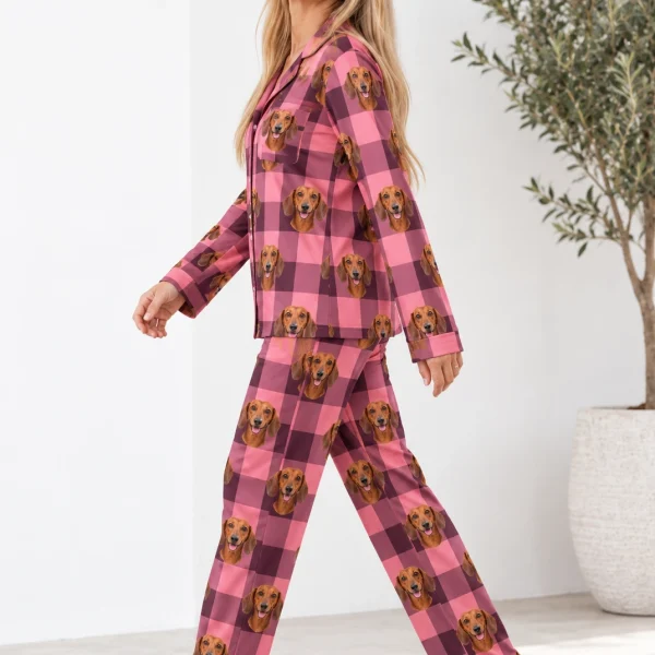 Side view of dachshund mom pajamas with red smooth-coated Dachshund faces on pink plaid fabric — MyDogPics