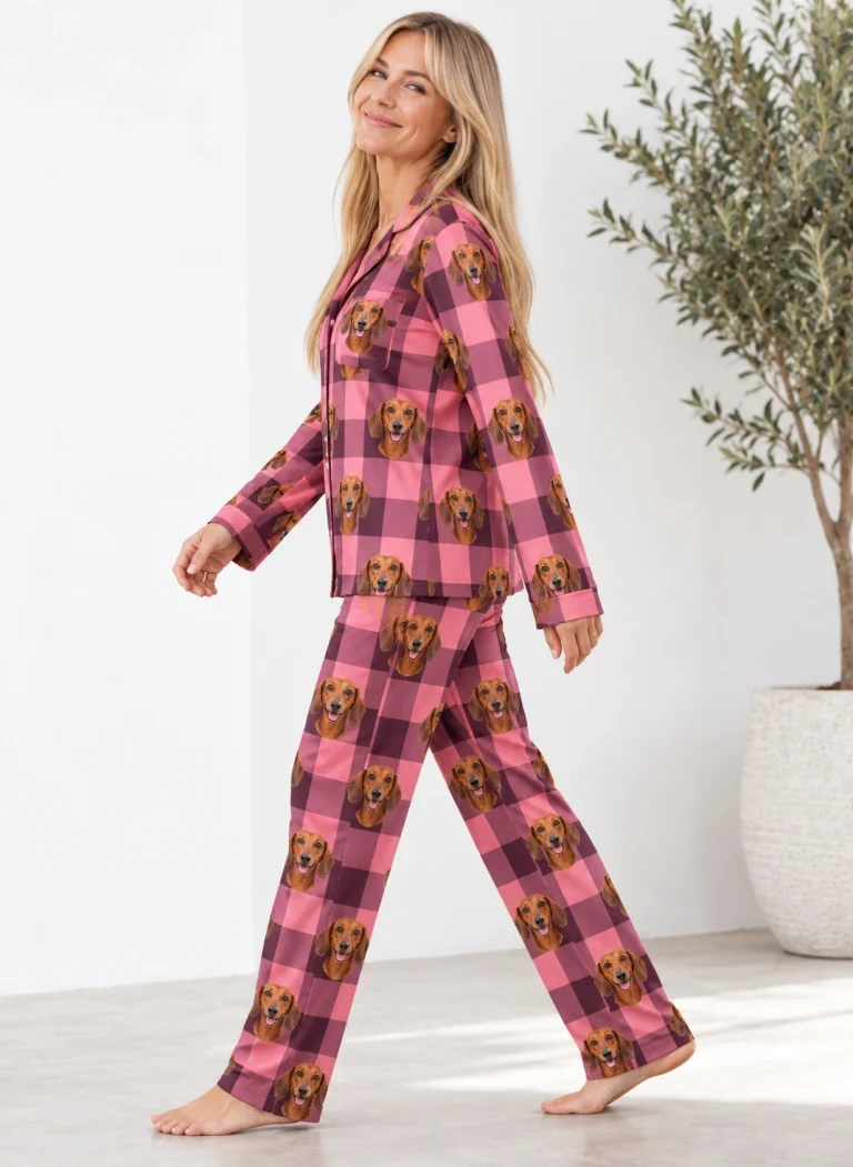 Side view of dachshund mom pajamas with red smooth-coated Dachshund faces on pink plaid fabric — MyDogPics