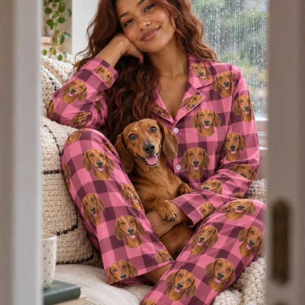 Woman in dachshund mom pajamas with her Dachshund — MyDogPics