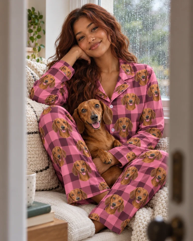 Woman in dachshund mom pajamas with her Dachshund — MyDogPics