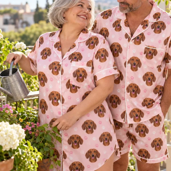 Woman and her partner in matching dachshund nightgown with red smooth-coated Dachshund faces — MyDogPics