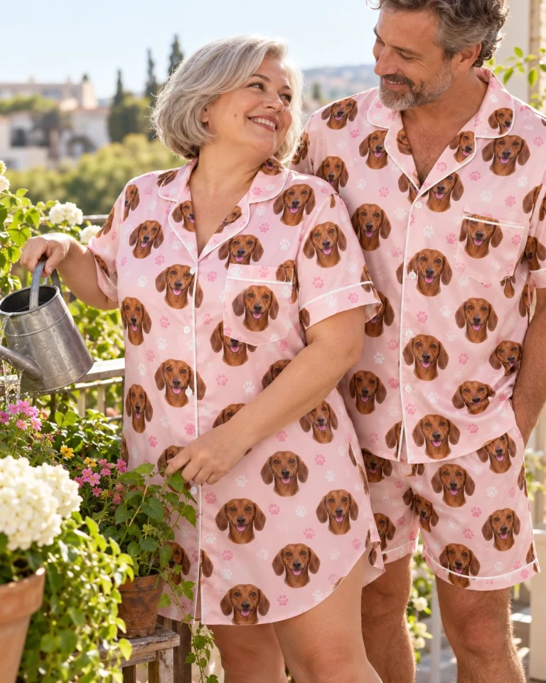 Woman and her partner in matching dachshund nightgown with red smooth-coated Dachshund faces — MyDogPics