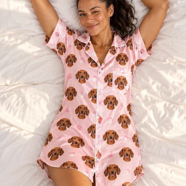 Woman posing in a dachshund nightgown, red smooth-coated Dachshund faces on blush pink paw-print satin — MyDogPics