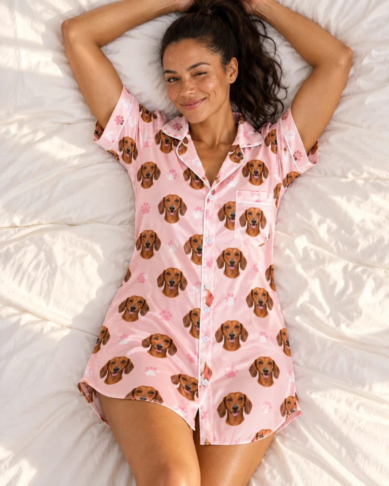 Woman posing in a dachshund nightgown, red smooth-coated Dachshund faces on blush pink paw-print satin — MyDogPics