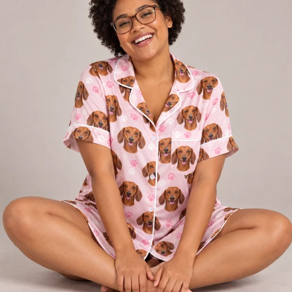 Woman sitting in a dachshund nightgown covered in red smooth-coated Dachshund faces — MyDogPics