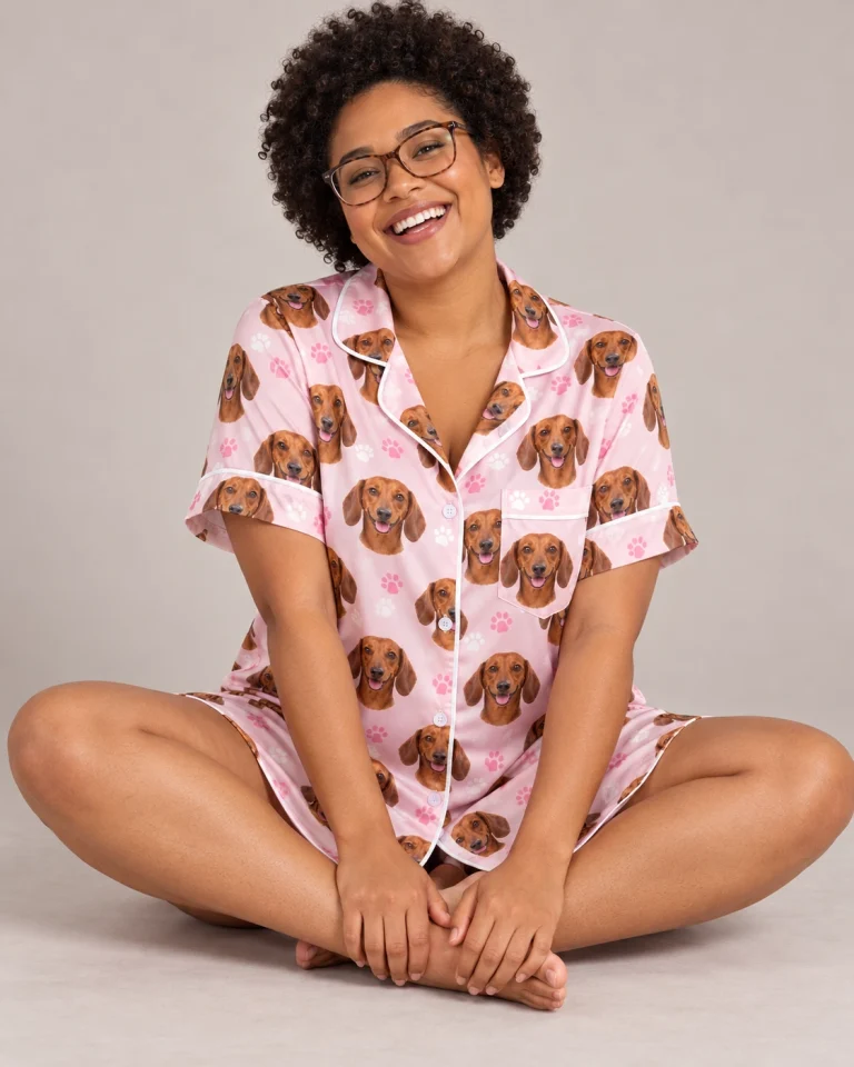 Woman sitting in a dachshund nightgown covered in red smooth-coated Dachshund faces — MyDogPics