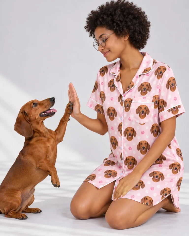 Woman in a dachshund nightgown with her Dachshund — MyDogPics