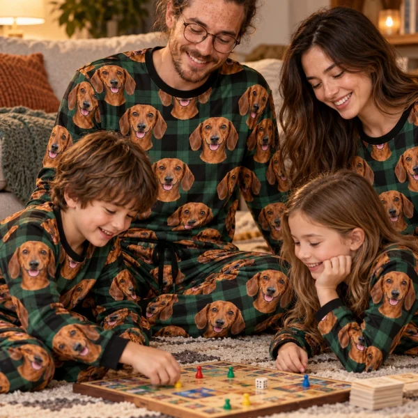 Man and his family in matching dachshund pajama set with red smooth-coated Dachshund faces on green plaid fabric — MyDogPics
