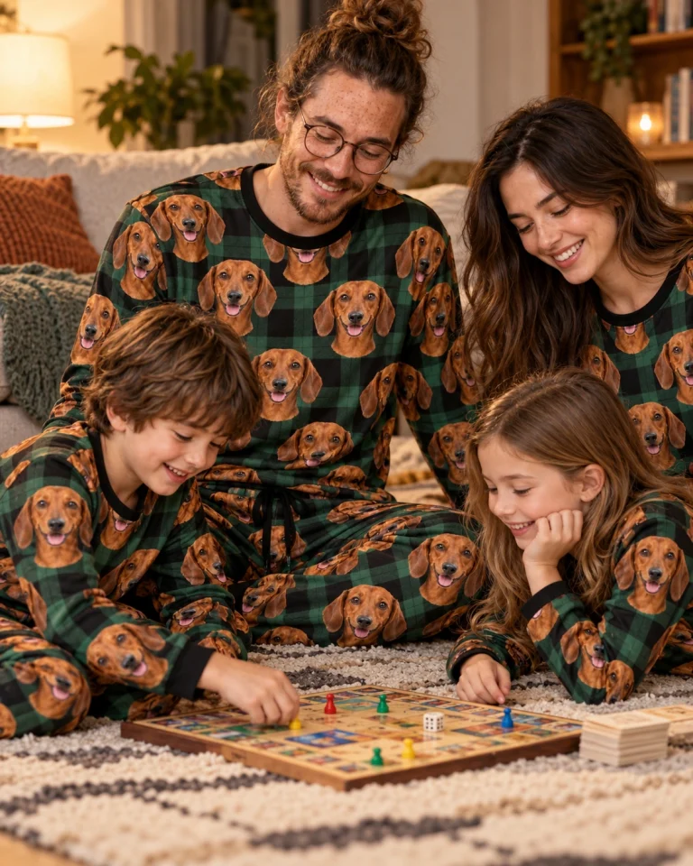 Man and his family in matching dachshund pajama set with red smooth-coated Dachshund faces on green plaid fabric — MyDogPics