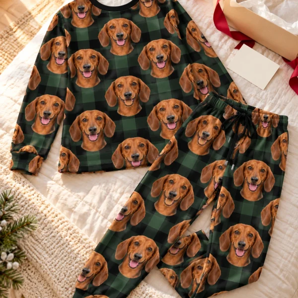 Flat lay of a dachshund pajama set: top and pants covered in red smooth-coated Dachshund faces — MyDogPics