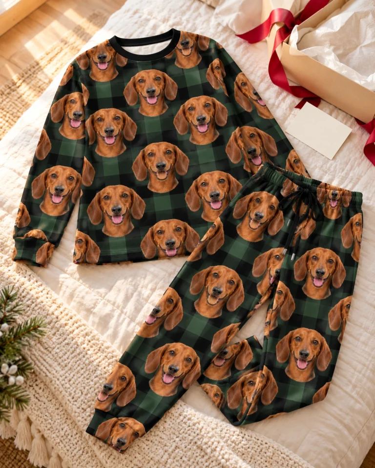 Flat lay of a dachshund pajama set: top and pants covered in red smooth-coated Dachshund faces — MyDogPics