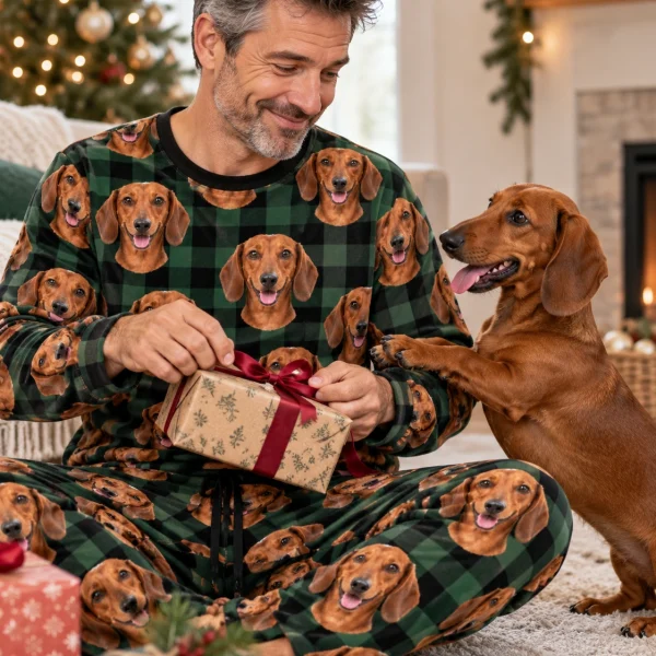 Man in a dachshund pajama set with his Dachshund — MyDogPics