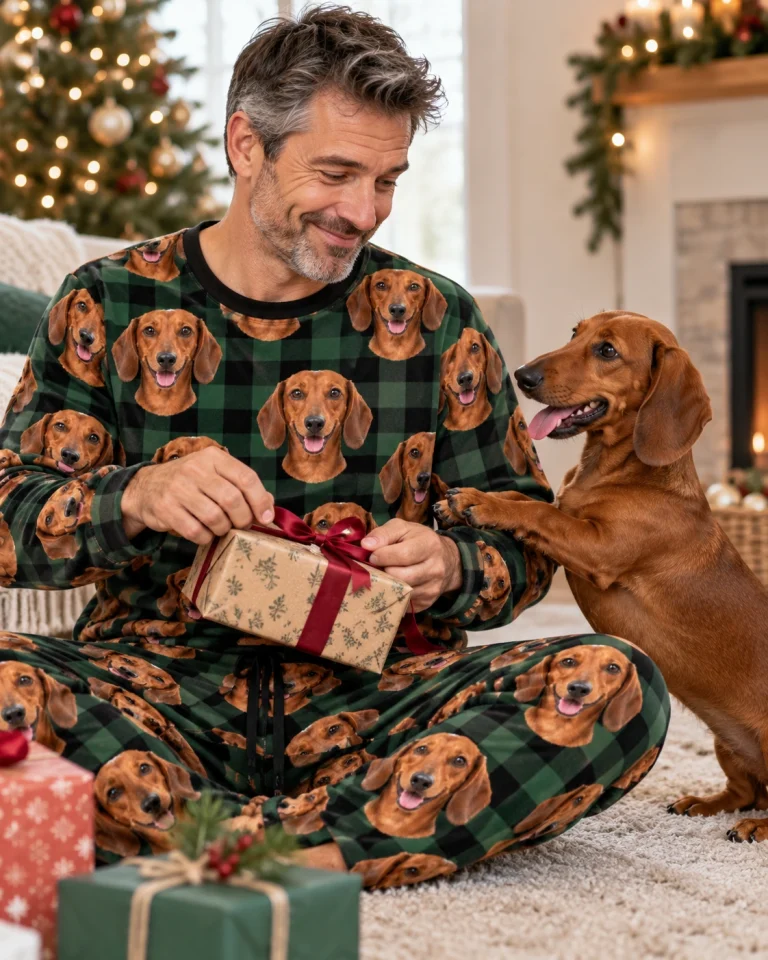 Man in a dachshund pajama set with his Dachshund — MyDogPics