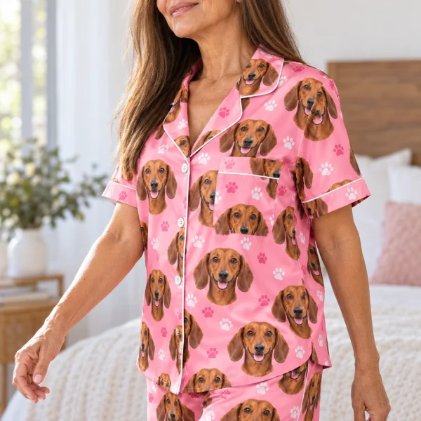 Woman posing in a dachshund pajama short set, red smooth-coated Dachshund faces on pink paw-print satin — MyDogPics