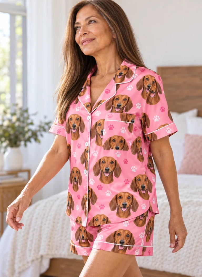 Woman posing in a dachshund pajama short set, red smooth-coated Dachshund faces on pink paw-print satin — MyDogPics