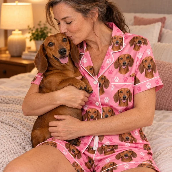 Woman in a dachshund pajama short set with her Dachshund — MyDogPics