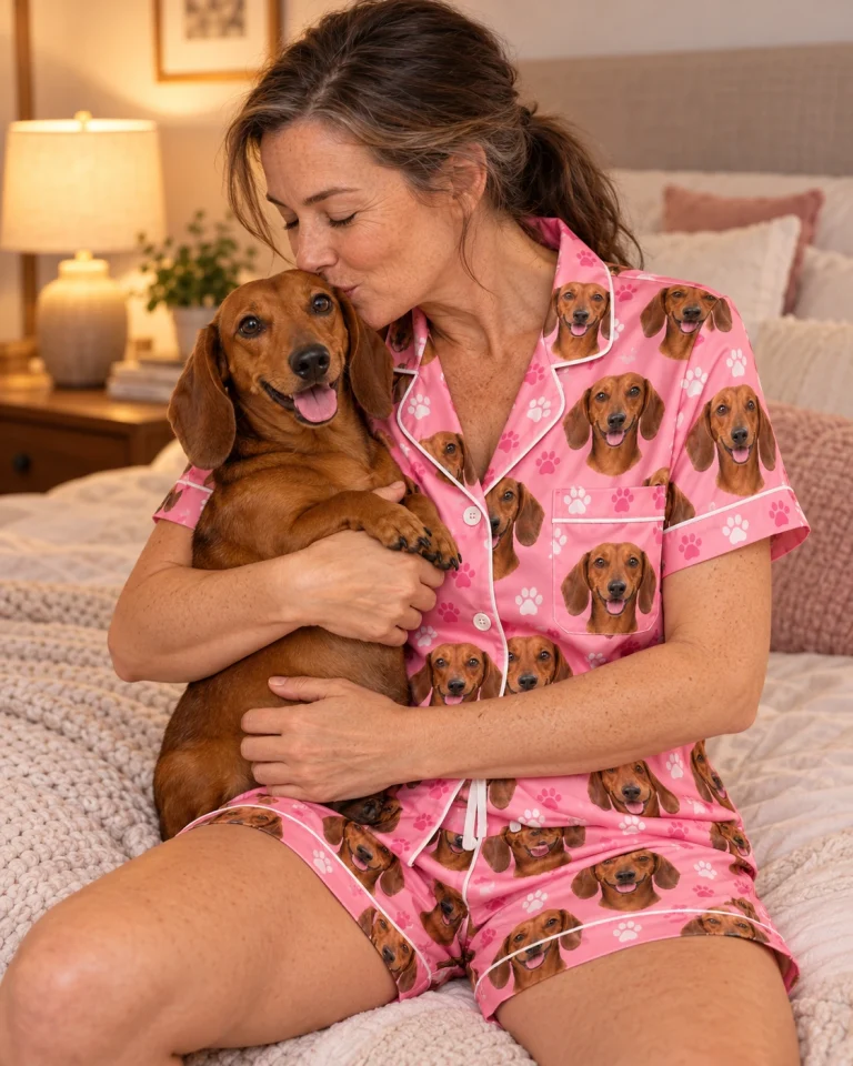 Woman in a dachshund pajama short set with her Dachshund — MyDogPics
