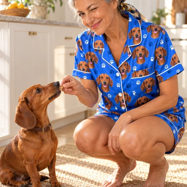 Woman in dachshund pajama shorts with her Dachshund — MyDogPics