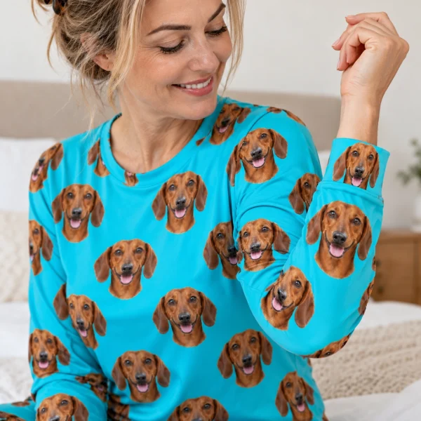 Close-up of the dachshund pajamas for adults print: red smooth-coated Dachshund faces on teal fabric — MyDogPics