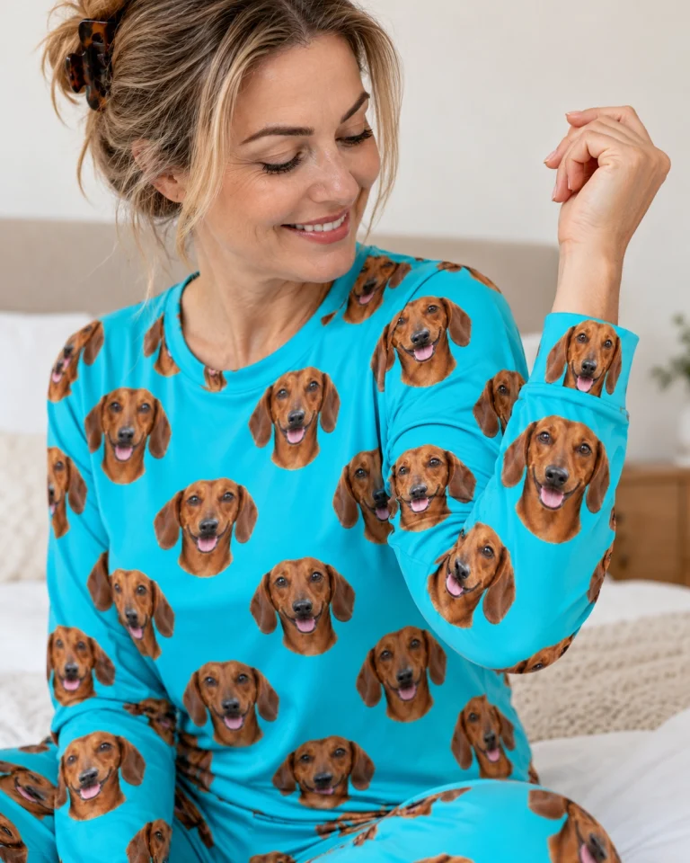 Close-up of the dachshund pajamas for adults print: red smooth-coated Dachshund faces on teal fabric — MyDogPics