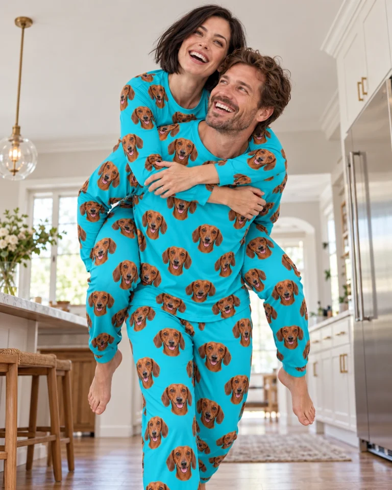 Woman and her partner in matching dachshund pajamas for adults with red smooth-coated Dachshund faces — MyDogPics