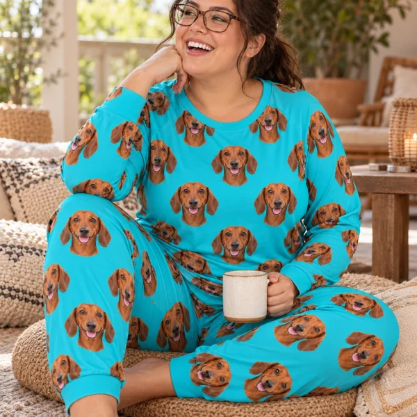 Woman sitting in a dachshund pajamas for adults covered in red smooth-coated Dachshund faces — MyDogPics