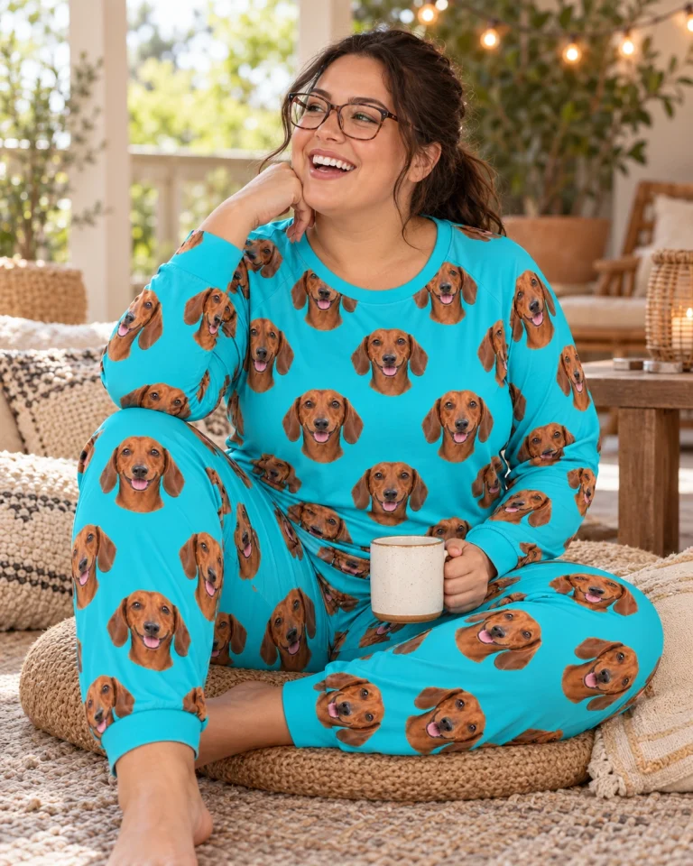 Woman sitting in a dachshund pajamas for adults covered in red smooth-coated Dachshund faces — MyDogPics