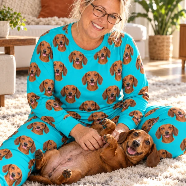 Woman in a dachshund pajamas for adults with her Dachshund — MyDogPics