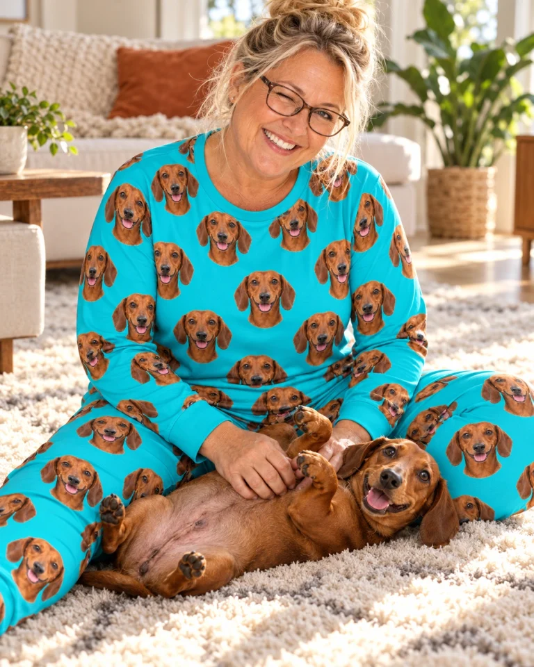 Woman in a dachshund pajamas for adults with her Dachshund — MyDogPics
