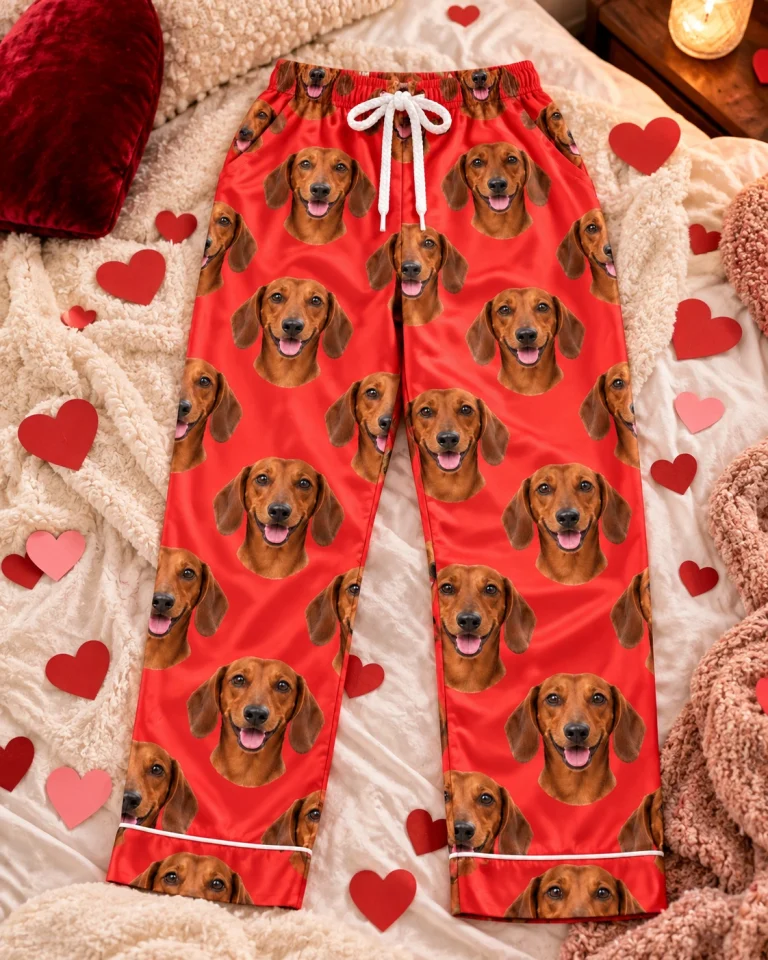 Flat lay of dachshund Valentine pajamas: pants covered in red smooth-coated Dachshund faces — MyDogPics