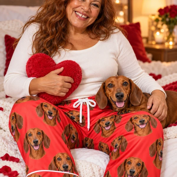 Woman in dachshund Valentine pajamas with her Dachshund — MyDogPics