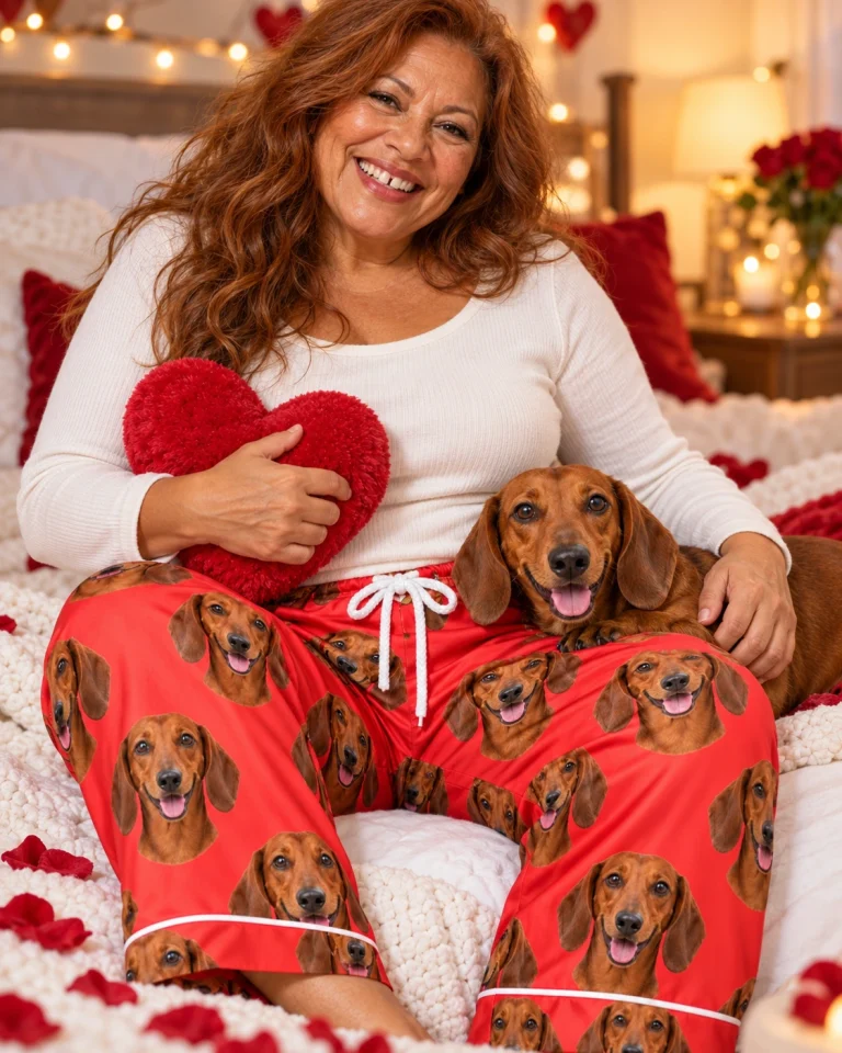Woman in dachshund Valentine pajamas with her Dachshund — MyDogPics