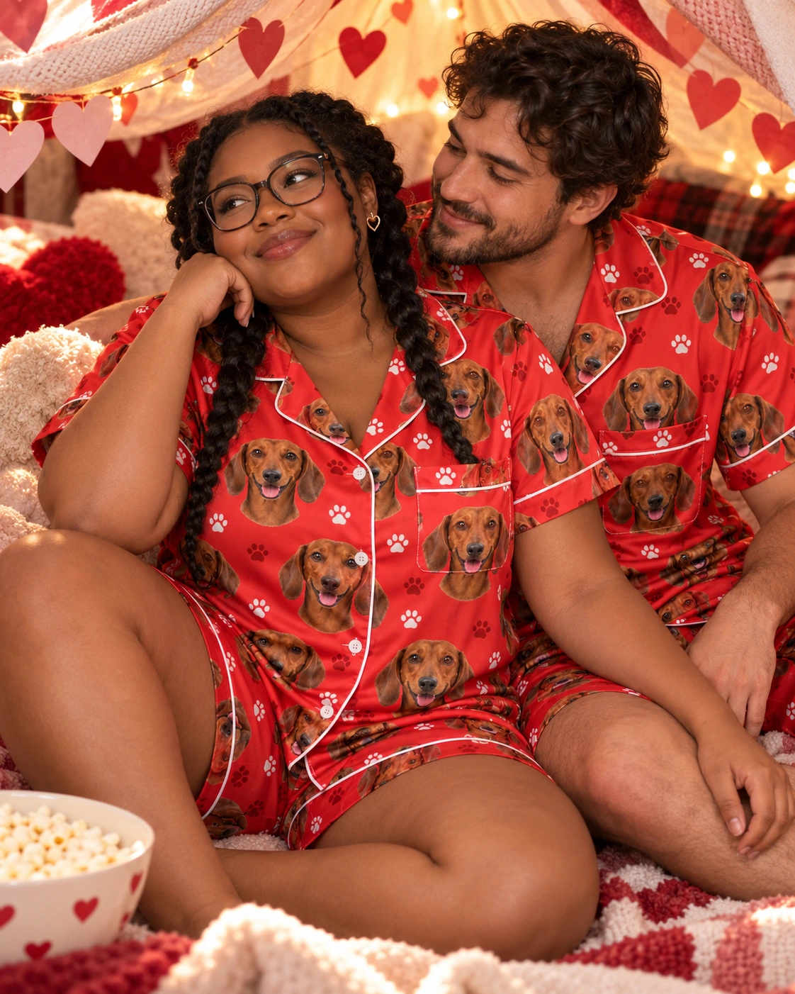 Dachshund Valentines Day Pajama Set – Family, Red Paw-Print | MyDogPics Woman and her partner in matching dachshund Valentines day pajama set with red smooth-coated Dachshund faces — MyDogPics