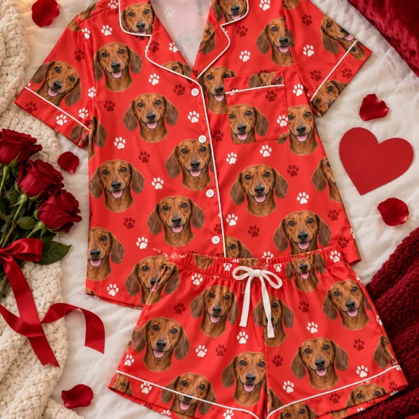 Flat lay of a dachshund Valentines day pajama set: shirt and shorts covered in red smooth-coated Dachshund faces — MyDogPics