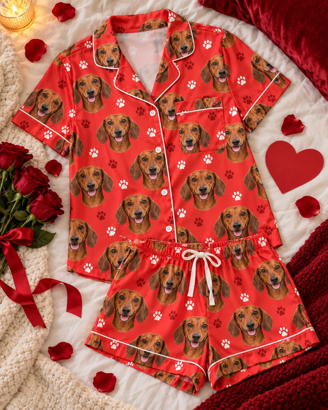 Dachshund Valentines Day Pajama Set – Flat Lay, Red Paw-Print | MyDogPics Flat lay of a dachshund Valentines day pajama set: shirt and shorts covered in red smooth-coated Dachshund faces — MyDogPics