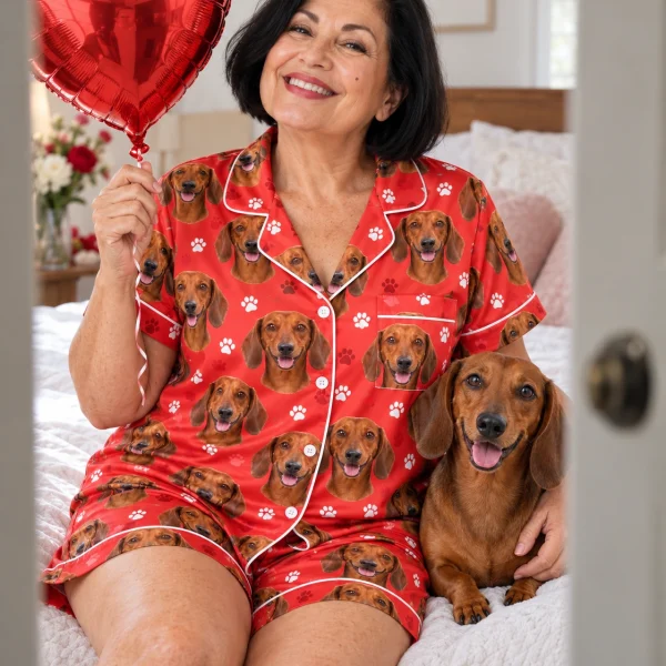 Woman in a dachshund Valentines day pajama set with her Dachshund — MyDogPics