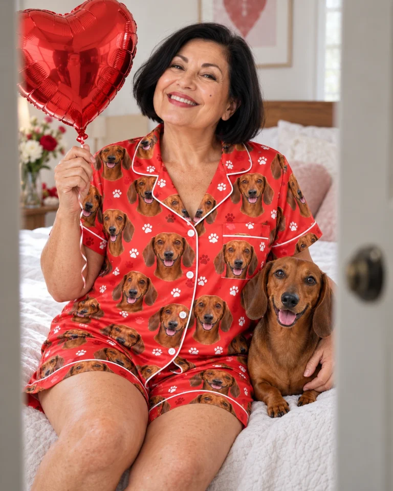 Woman in a dachshund Valentines day pajama set with her Dachshund — MyDogPics