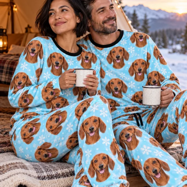 Woman and her partner in matching dachshund winter pajamas with red smooth-coated Dachshund faces — MyDogPics