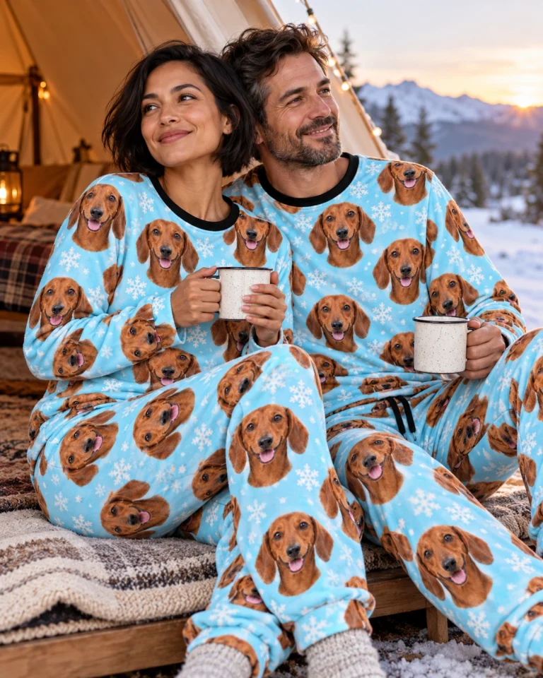 Woman and her partner in matching dachshund winter pajamas with red smooth-coated Dachshund faces — MyDogPics