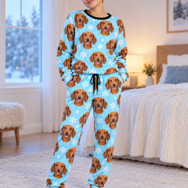 Woman wearing dachshund winter pajamas covered in red smooth-coated Dachshund faces — MyDogPics