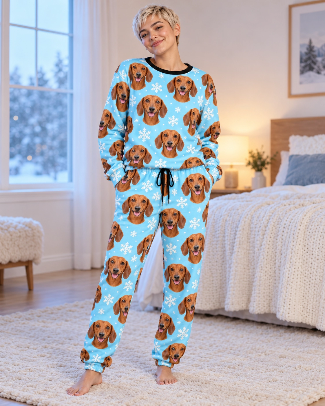 Dachshund Winter Pajamas – Front View, Light Blue Snowflake | MyDogPics Woman wearing dachshund winter pajamas covered in red smooth-coated Dachshund faces — MyDogPics