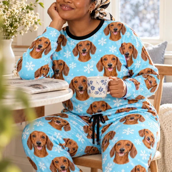 Woman sitting in dachshund winter pajamas covered in red smooth-coated Dachshund faces — MyDogPics