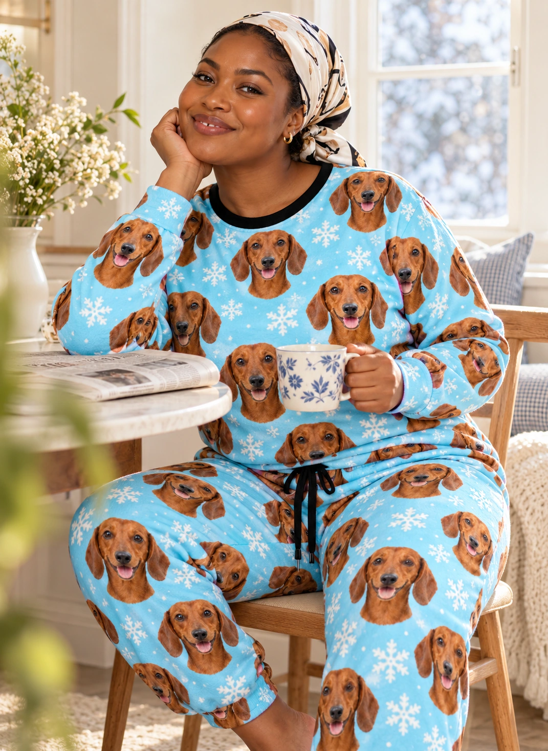 Dachshund Winter Pajamas – Sitting, Light Blue Snowflake | MyDogPics Woman sitting in dachshund winter pajamas covered in red smooth-coated Dachshund faces — MyDogPics