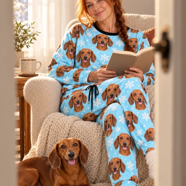 Woman in dachshund winter pajamas with her Dachshund — MyDogPics