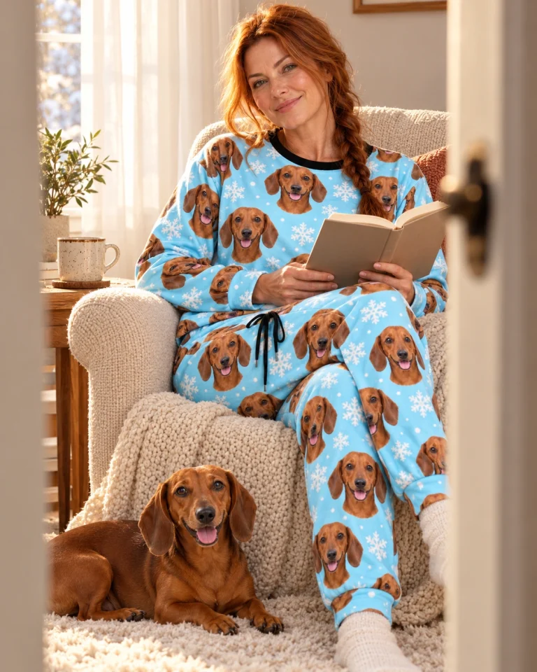 Woman in dachshund winter pajamas with her Dachshund — MyDogPics