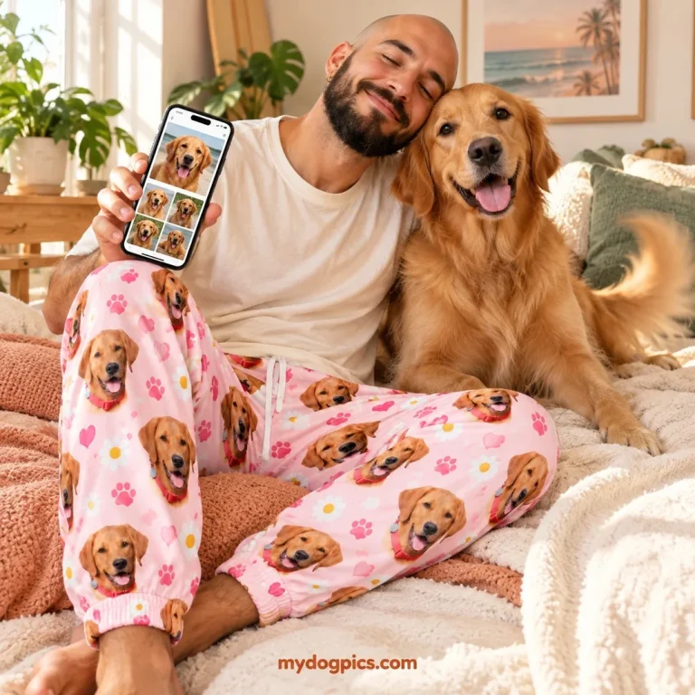 Man in dog pajamas for men printed with his golden retriever, the dog resting at his shoulder — MyDogPics
